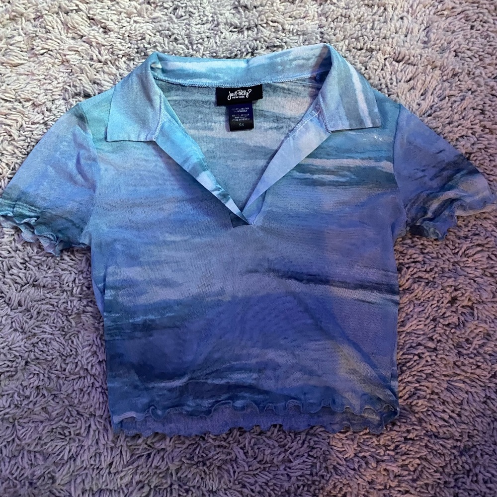 Mesh croped half button top- short sleeve